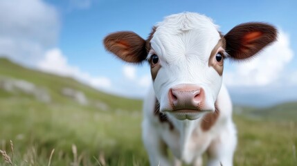 Cute calf in a grassy field