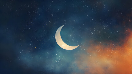 Obraz na płótnie Canvas Celestial Tranquility: Crescent Moon Illuminating a Pastel Night Sky Adorned with Stars