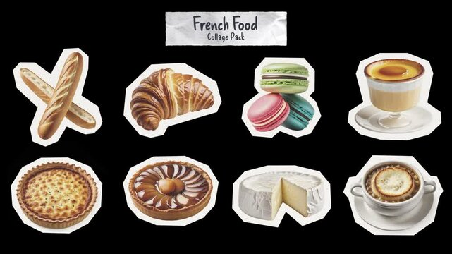 French Food Collage Pack, 8 Animated Objects, 4K Greenscreen 