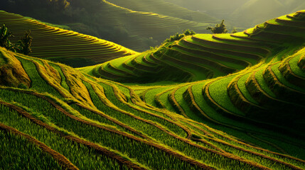 Fototapeta premium field, green, agriculture, grass, nature, landscape, farm, plant, tea, summer, plantation, rice, spring, meadow, rural, hill, tree, asia, farming, crop, land, grow, countryside, harvest, agricultural
