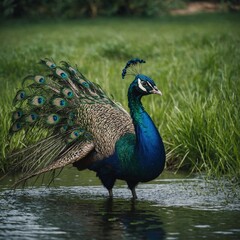 Obraz premium A peacock standing in shallow water, its feathers shimmering against green grass.