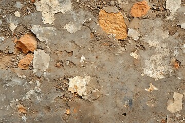 Old cracked concrete surface with exposed brick fragments and gravel texture background