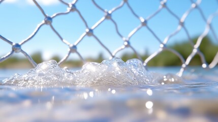 Water bubbles and ripples beneath a mesh fence