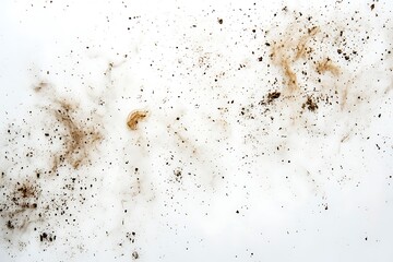Muddy splatter with dirt and soil on a white background creating an artistic texture