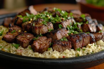 Juicy Grilled Steak Served on a Bed of Fluffy Rice with Fresh Herbs and Spices