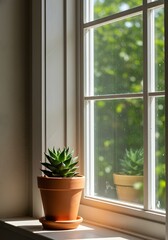 A small succulent plant in a terracotta pot sits on a windowsill, Elegantly placed succulent plant by the window in a sunny setting enhancing indoor ambiance. 