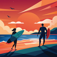 Couple enjoying sunset on the beach with palm trees and the ocean in the background, a tropical summer scene