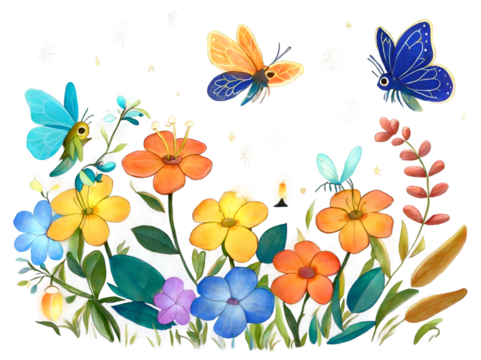 Enchanting Floral Arrangement with Mystical Butterflies, A Symphony of Color and Whimsy in a Dreamlike Botanical Garden Illustration