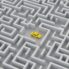 3d illustration, Toy car navigating a white maze on a smooth surface, A small yellow toy car sits in the center of a large white maze