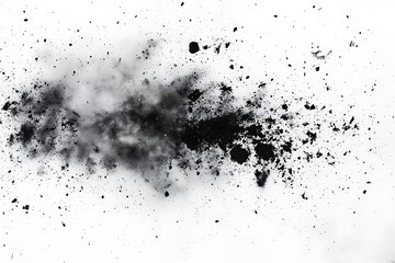 Black powder explosion on white background creating a dynamic and abstract effect for designs