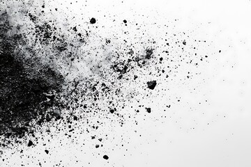 Black powder explosion on white background creating dynamic abstract texture and pattern