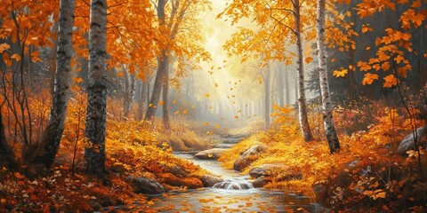 Obraz premium A serene autumn forest with a flowing stream and vibrant orange foliage.