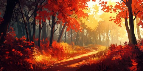 A vibrant autumn forest path illuminated by warm sunlight, showcasing colorful foliage.