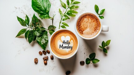 Two coffee mugs surrounded by leaves, featuring a "Hello Monday" design. Hello Day Monday