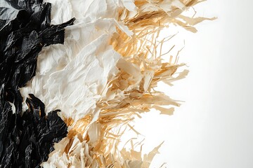 Abstract paper art background of black, white, and gold shredded paper texture design
