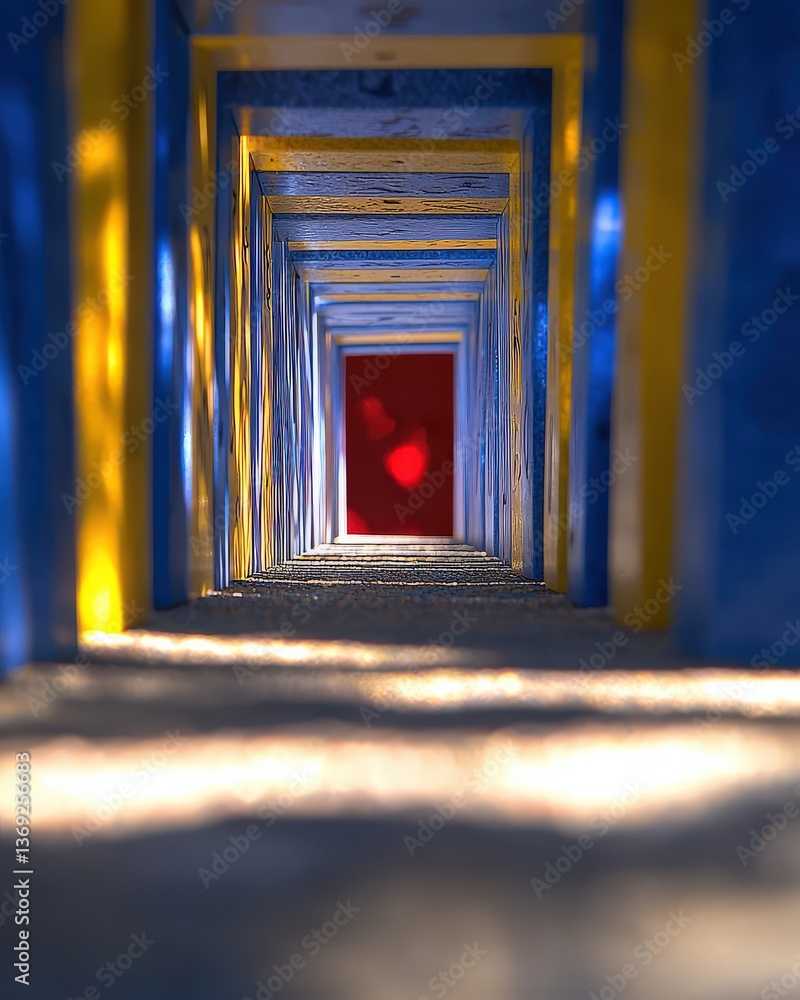 Poster abstract perspective of a colorful corridor leading to a red wall. intriguing architectural lines an
