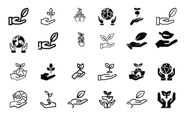 Eco-Friendly Hand Holding Plant Icons Set -  Hands Holding Plants, Earth, Leaves for Eco-Friendly Designs, Green Energy, Nature Conservation, Sustainability, Growth, Environment Symbols