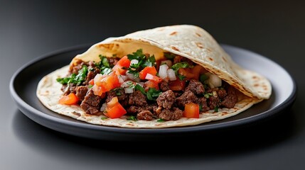 Delicious beef taco, a warm tortilla filled with seasoned ground beef, pico de gallo, and fresh herbs