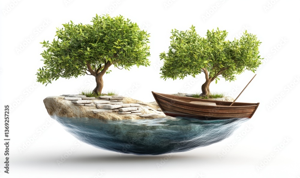 Poster rowboat on a floating island with trees