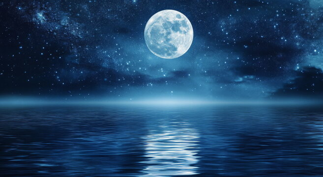 A full moon setting over the dunes of white sand, reflections on the water