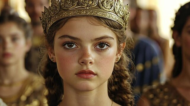 Young queen poses for a royal gathering in an ancient setting surrounded by courtiers and nobles