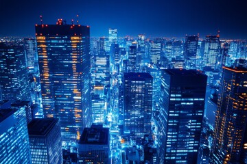 Illuminated high-rise buildings in modern city at night with glowing windows