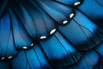 Extreme closeup of blue butterfly wing with detailed textures and dots