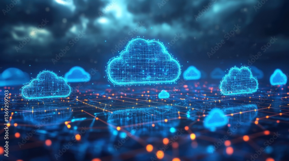 Poster a digital representation of clouds with glowing connections, symbolizing cloud computing and data ne