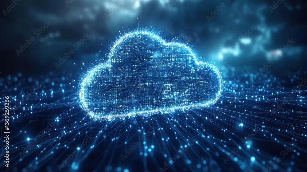 Poster a glowing digital cloud icon surrounded by interconnected data points, representing modern technolog