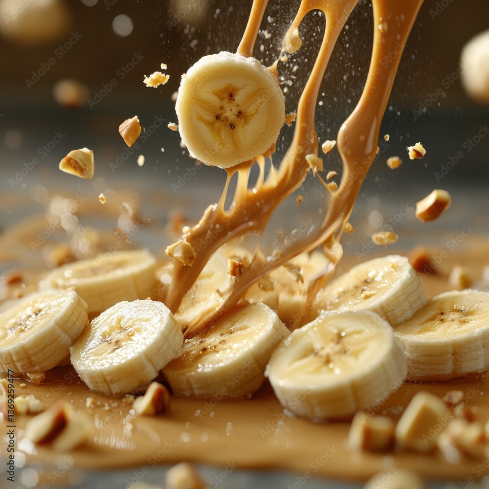 Poster sliced bananas splatter with creamy peanut butter, creating a dynamic and appetizing visual of a del