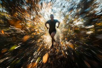 Surreal motion blur of walking person through glowing autumn forest