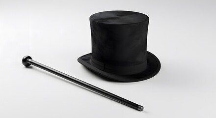 black top hat and a black cane resting on a white background, Elegant black top hat and magic wand arranged on a plain background in a minimalist setting ideal for a magician's performance. wallpaper,