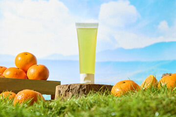 Tube of cream without label sits on a wooden pedestal made from a tree trunk. The outer shell of...