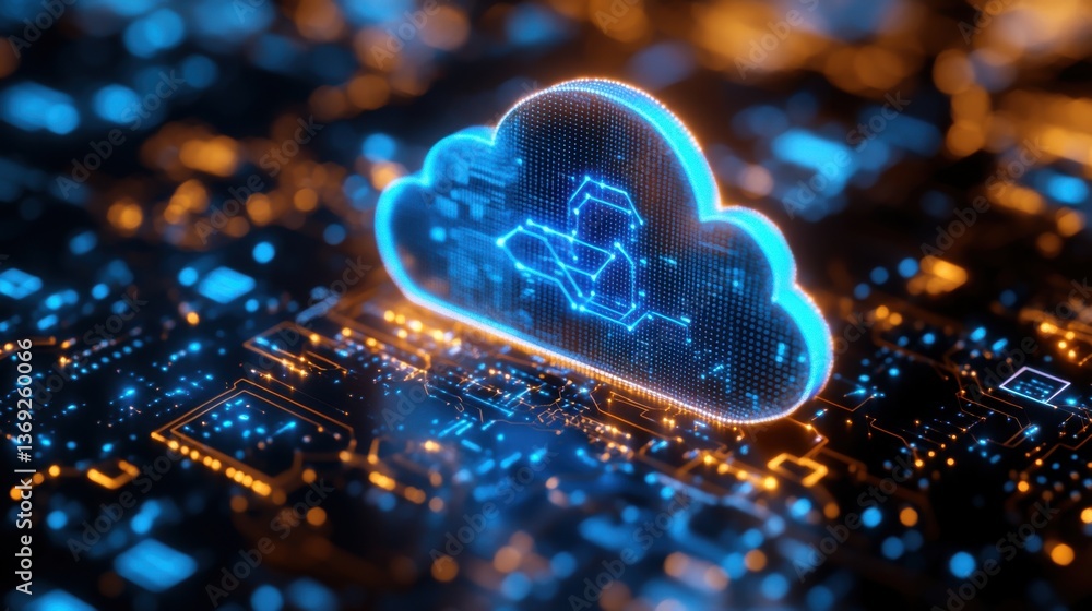 Poster a glowing cloud icon over a circuit board background, representing digital data storage and cloud co