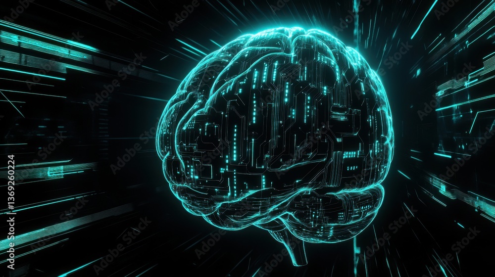 Poster a futuristic brain design with glowing circuitry, representing technology and artificial intelligenc