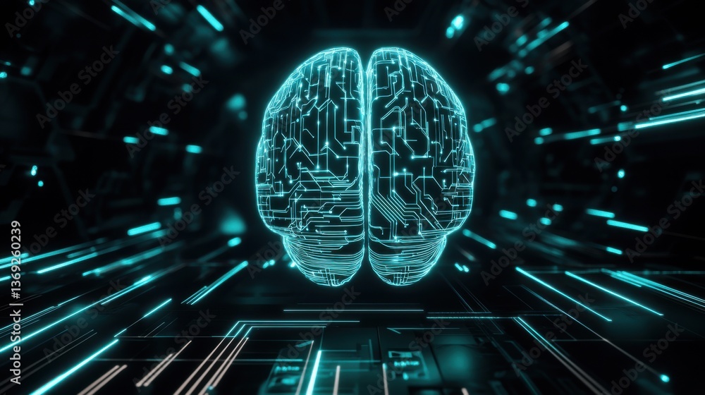Poster a digital rendering of a brain composed of circuitry, glowing in turquoise against a dark background