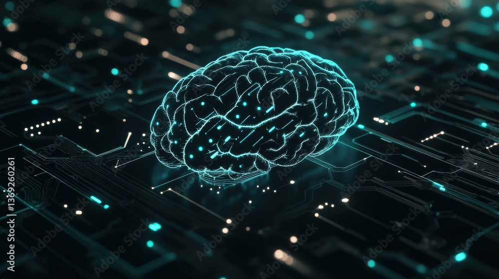 Poster a digital representation of a brain overlaid on a circuit board, symbolizing the intersection of neu