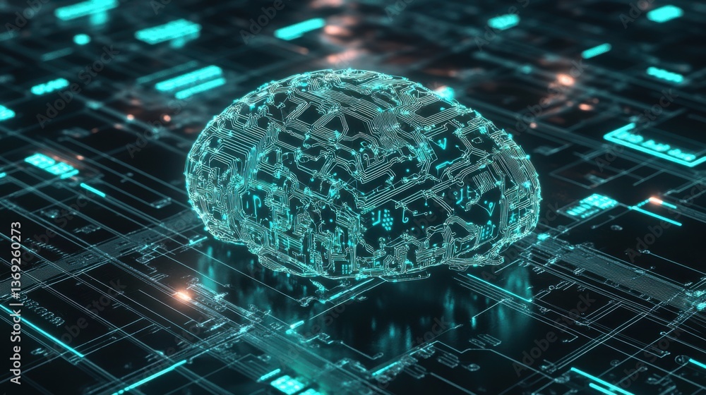 Poster a digital representation of a brain, glowing in blue hues, set against a background of circuit-like 
