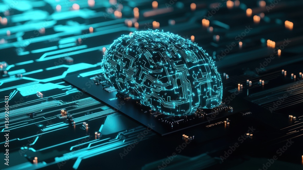 Poster a futuristic representation of a brain made of circuit patterns, symbolizing the intersection of tec