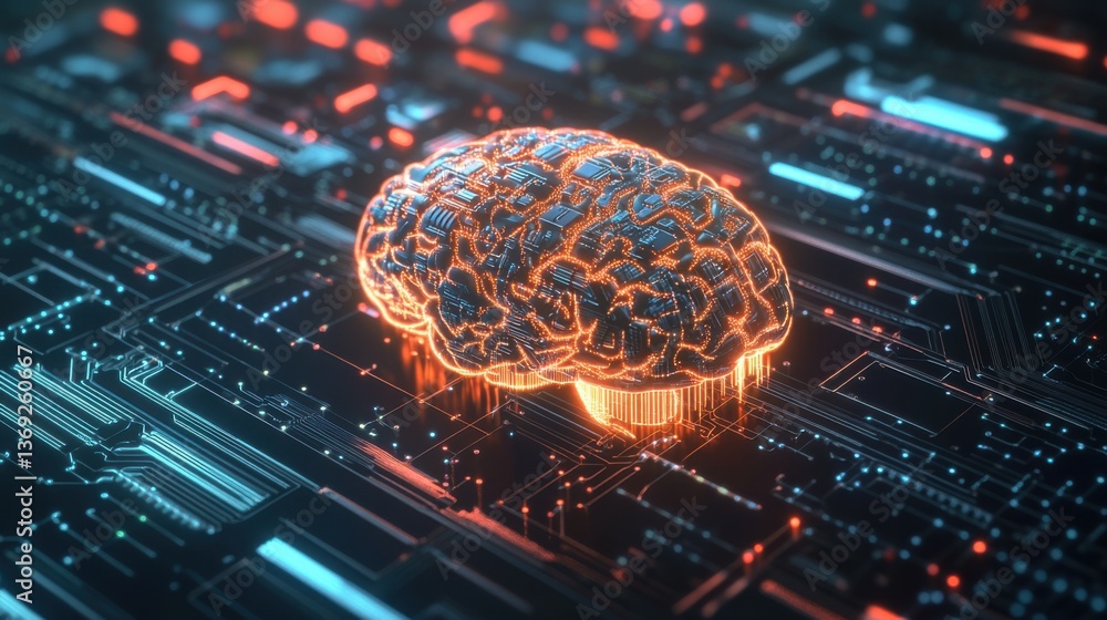 Poster a glowing brain model sits on a digital circuit board, symbolizing the intersection of neuroscience 