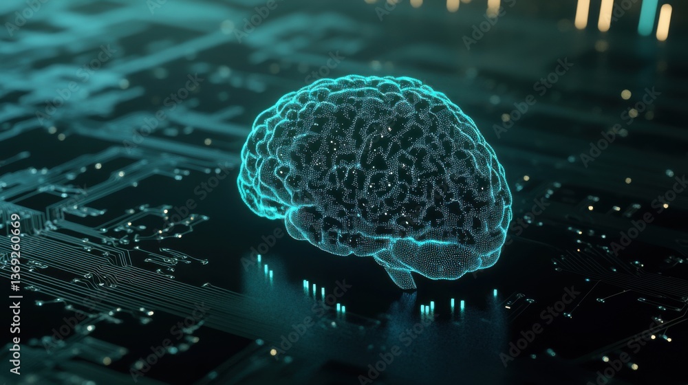 Poster a blue, glowing brain is depicted on a circuit board backdrop, symbolizing the intersection of techn