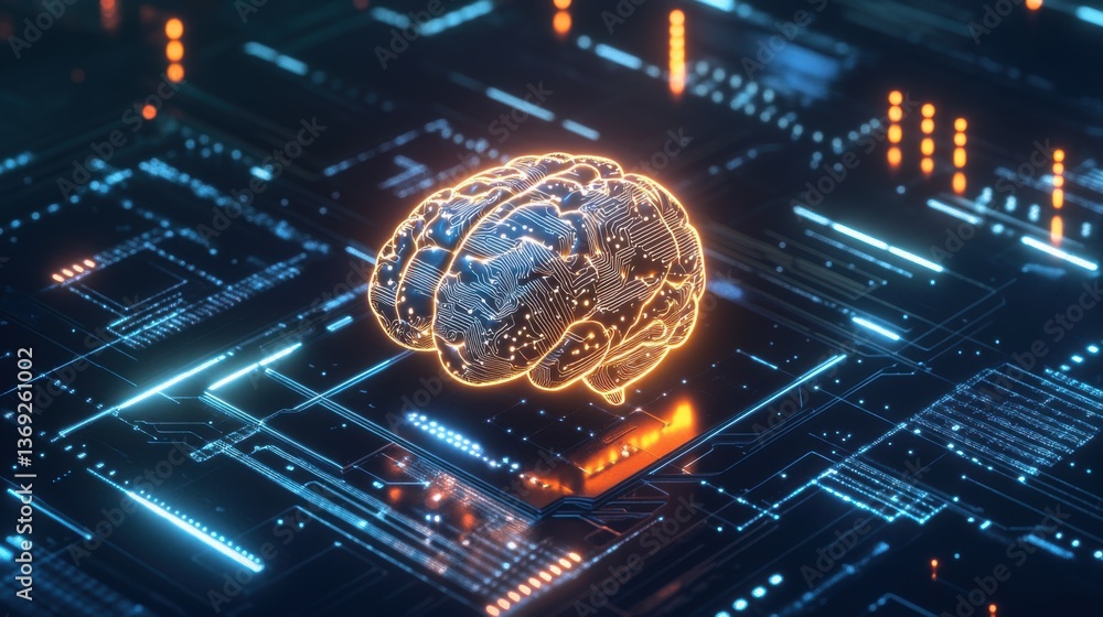 Poster a futuristic digital brain surrounded by an intricate circuit board, symbolizing artificial intellig