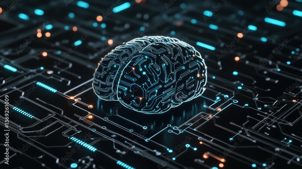 Poster a digital representation of a brain integrated with circuit patterns, symbolizing the fusion of tech