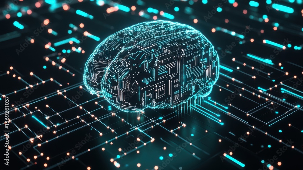 Poster a futuristic digital representation of a brain, showcasing intricate circuits and glowing lines agai