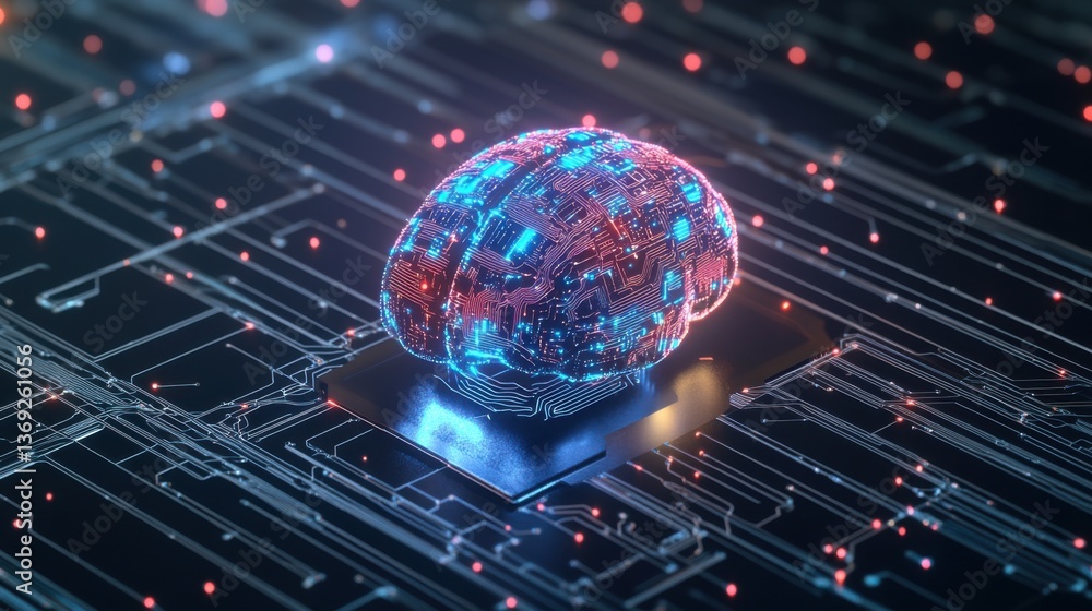 Aufkleber a futuristic digital brain sits on a circuit board, illuminated by colorful lights, symbolizing adva