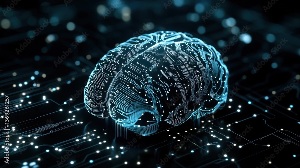 Poster a digital brain illustration with circuit patterns, glowing in a dark environment, symbolizing techn
