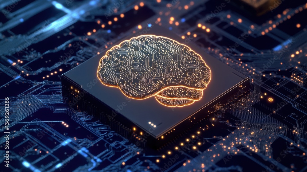 Poster a digital representation of a brain overlaid on a circuit board, symbolizing artificial intelligence