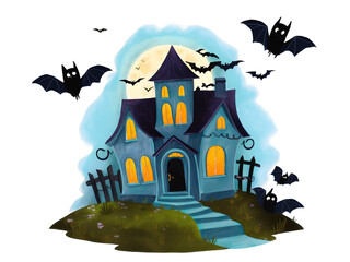 Enchanting Halloween Night, A Whimsical Illustration of a Haunted House Bathed in Moonlight with Flying Bats and Crooked Windows with Spooky Charm