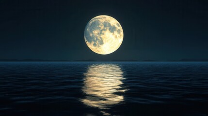 A luminous full moon reflects on calm ocean waters under a dark sky, creating a serene and enchanting nighttime scene.