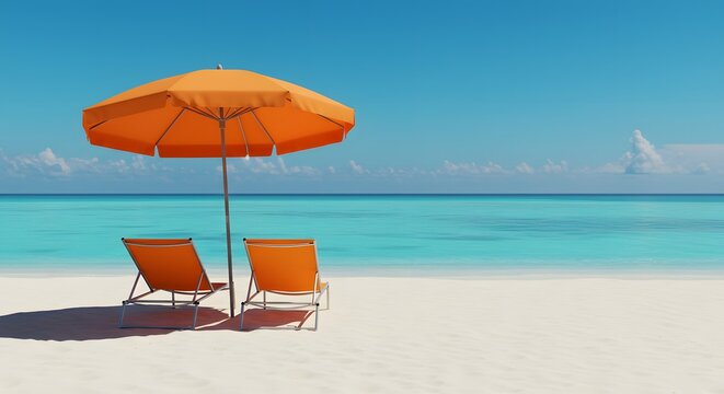 Two beach chairs under an orange umbrella by ocean on a sunny day, perfect for relaxation and enjoyment at the shore. two empty beach chairs under a bright orange beach umbrella on a pristine white